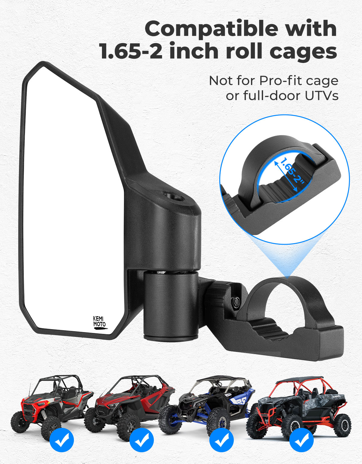 UTV Side Mirrors w/ 1.65"-2.0" Roll Cage for Polaris RZR/Can Am X3/Pioneer/Talon/Mule/CFMOTO - Kemimoto