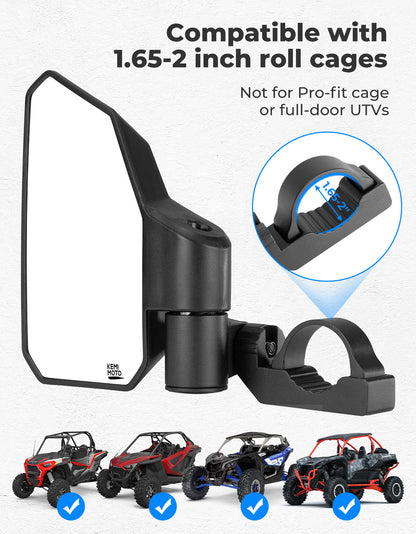 UTV Side Mirrors w/ 1.65"-2.0" Roll Cage for Polaris RZR/Can Am X3/Pioneer/Talon/Mule/CFMOTO - Kemimoto
