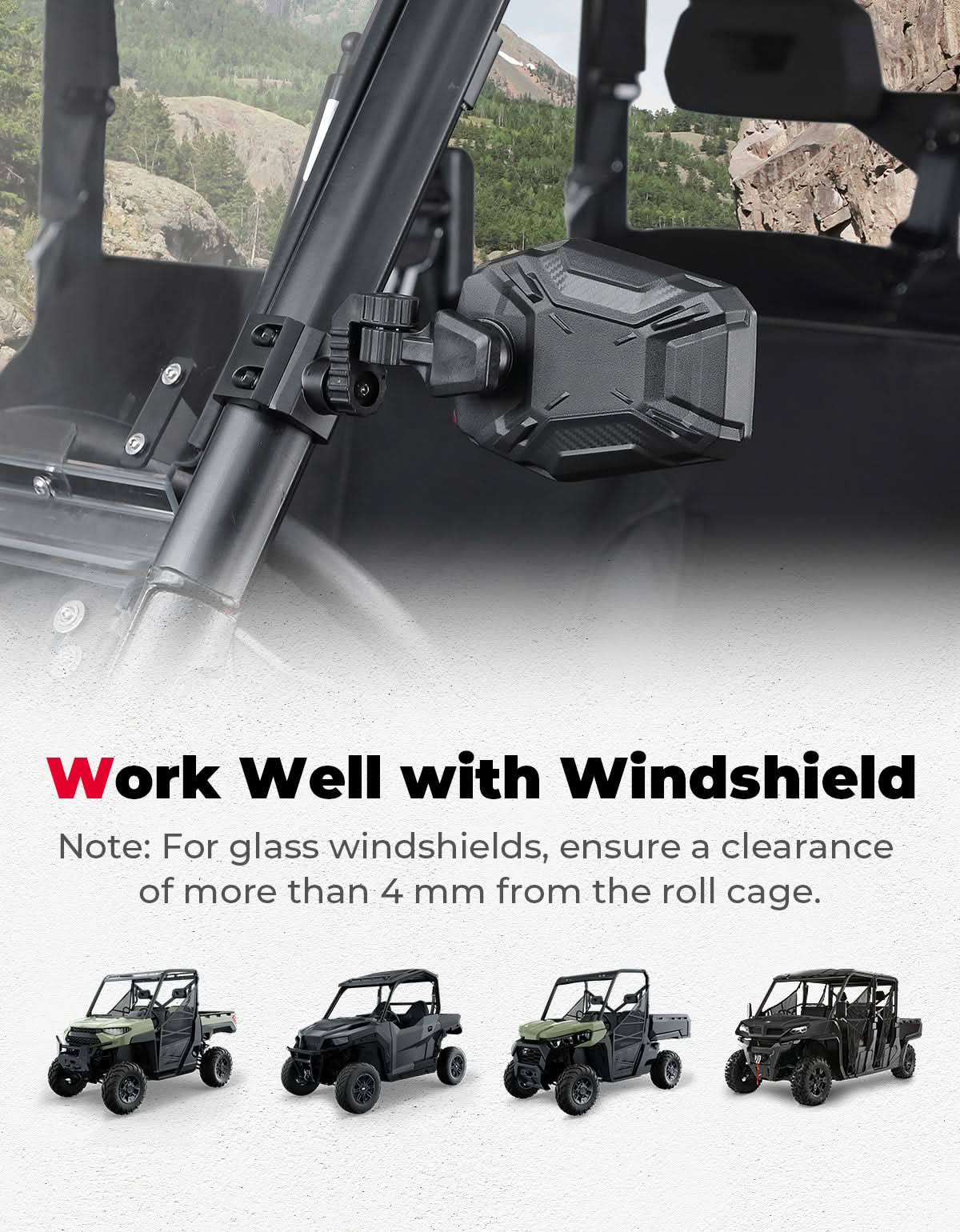 UTV Side Mirrors, UTV Rearview Mirrors Fit for Windshield for Polaris Ranger General/ Can-Am Defender/ Maverick Trail - Kemimoto