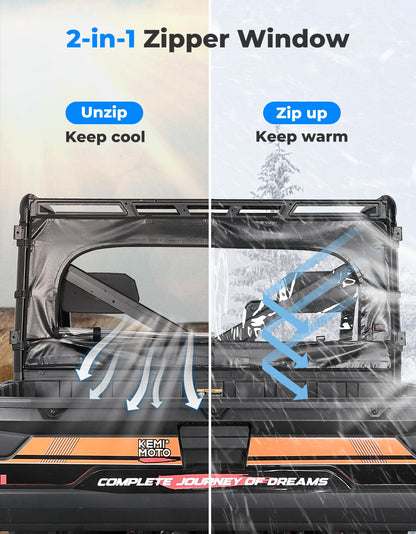 Zippered Soft Rear Window Roll Up/Down for Polaris Ranger XP 1000 / Crew