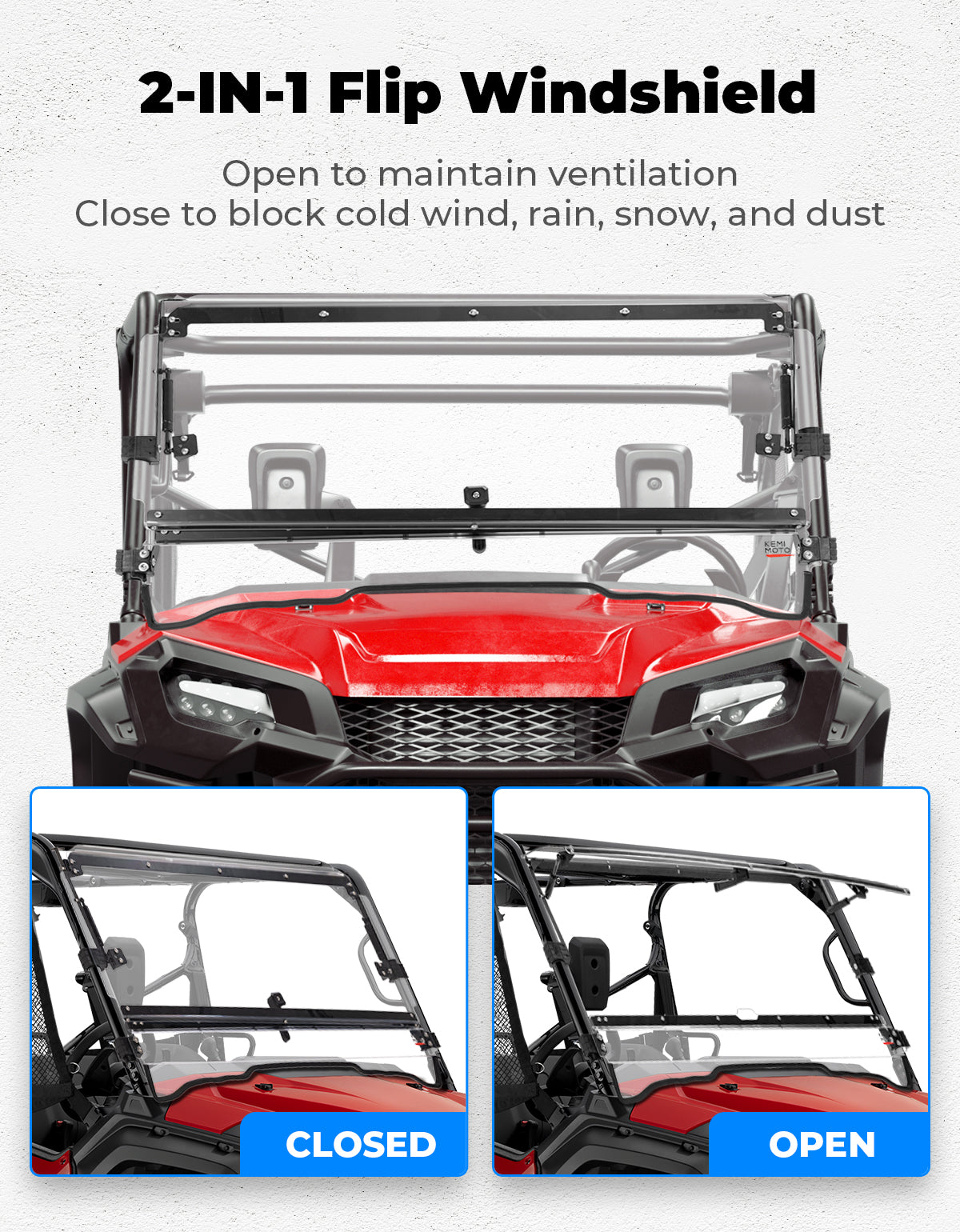 2-IN-1 Flip Windshield for Pioneer 1000 1000-5 1000-6 2016-2024 - Kemimoto