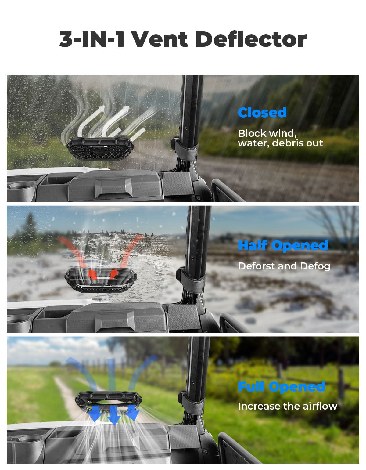 3-in-1 Vented Windshield for Polaris Ranger 1000 & XP 900/1000 (2014-2026) - Kemimoto