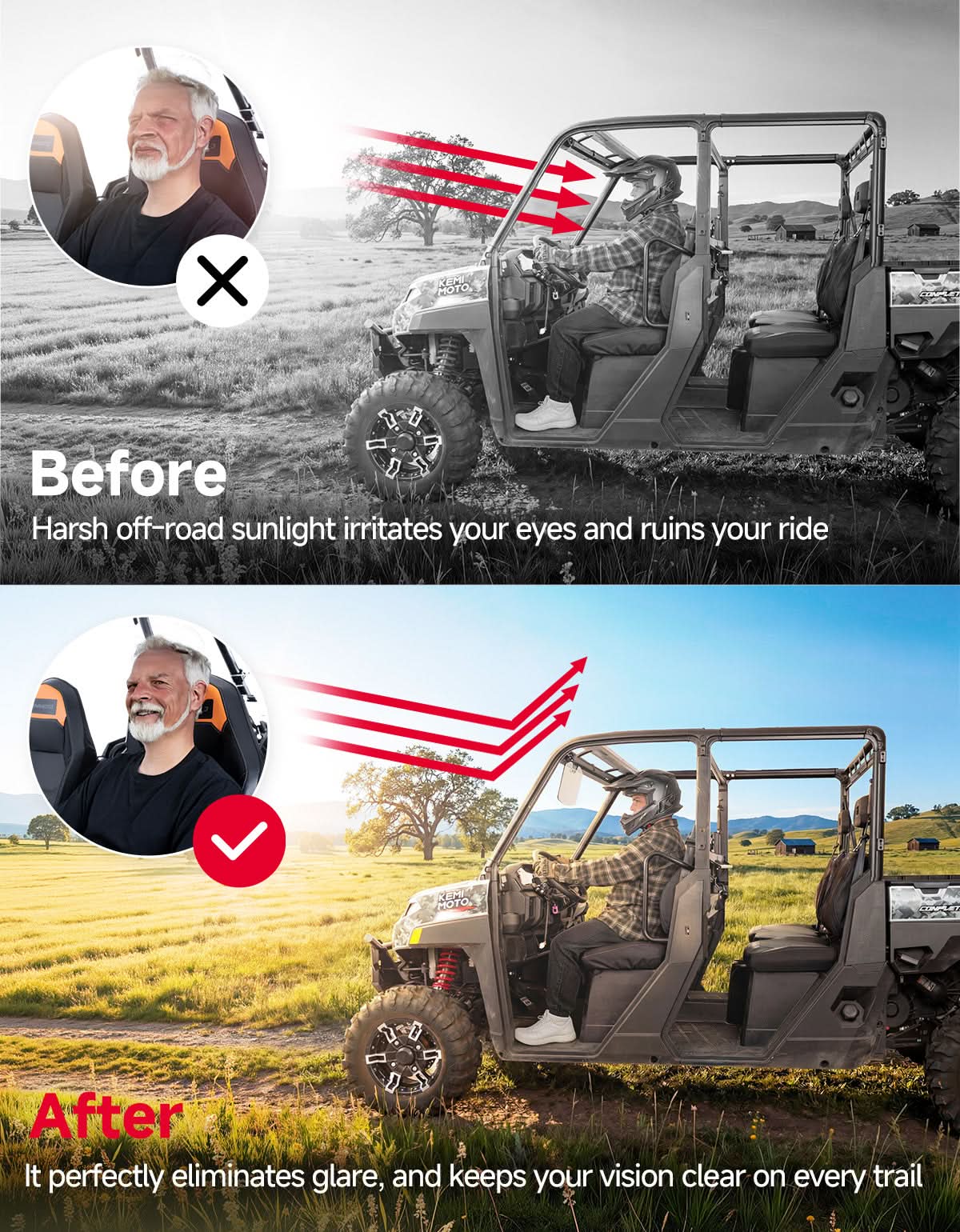 Universal Magnetic Sun Visor for UTV with Pro-Fit Bar or Metal Roof(2PC) - Kemimoto