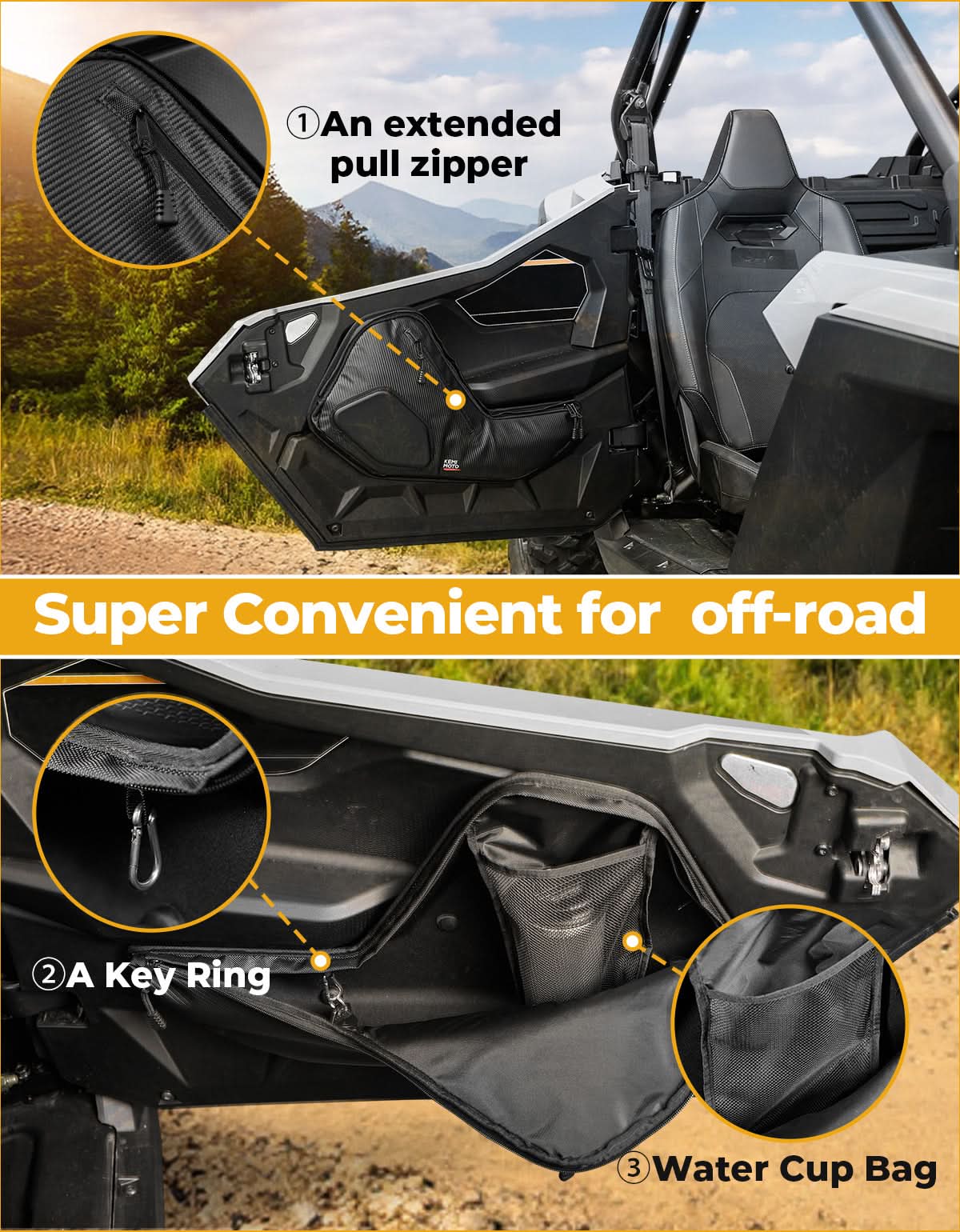 6 Q Front Door Bags with Knee Pads for 2025 Polaris RZR - Kemimoto