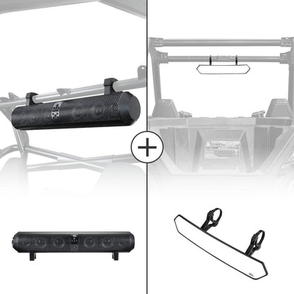 UTV Bluetooth Sound Bar & Rear View Mirror for 1.65''-2'' Roll Bar - Kemimoto