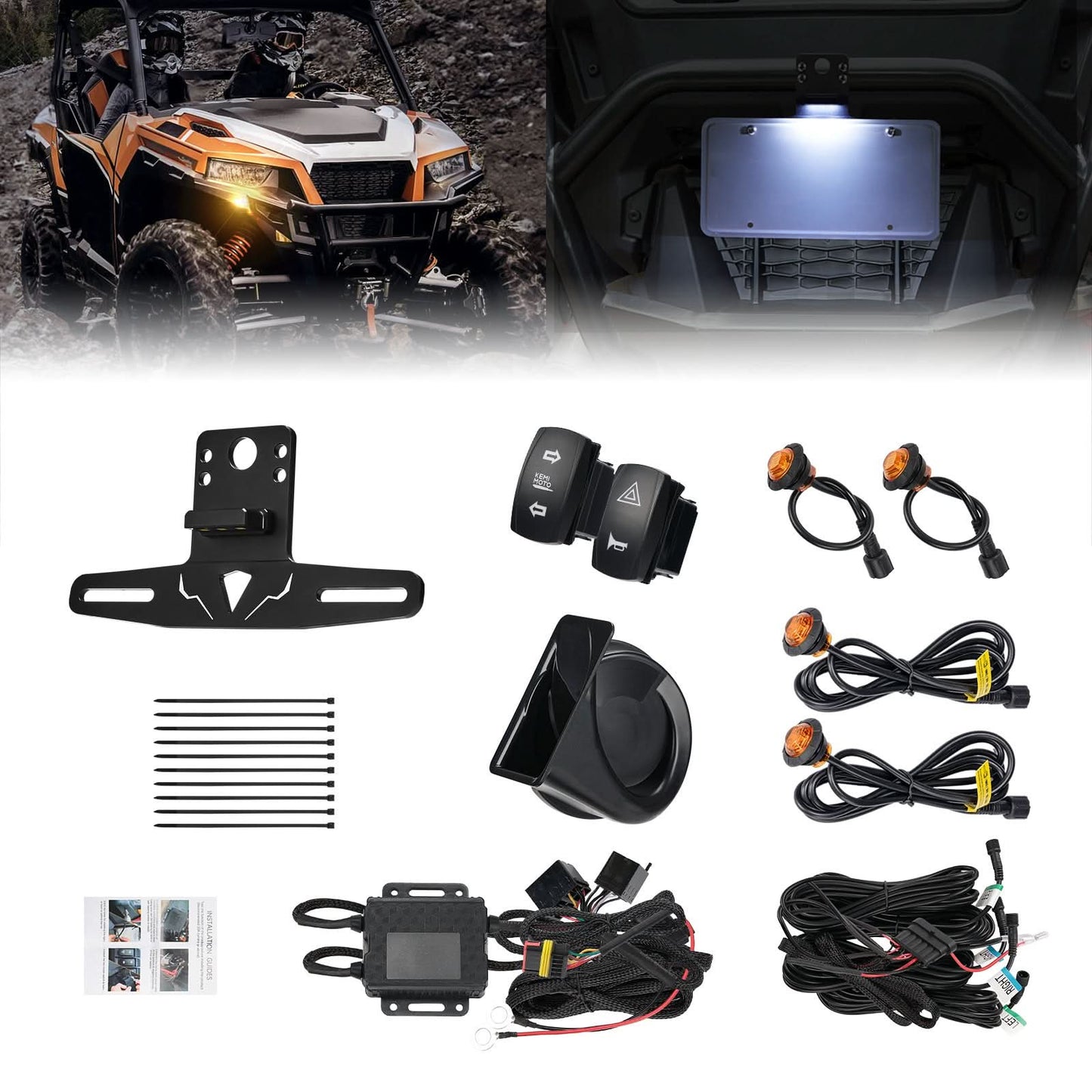 UTV Turn Signal Kit with 110D Horn and License Plate Holder with Light for Polaris, Can-Am, Teryx, CFMOTO - Kemimoto