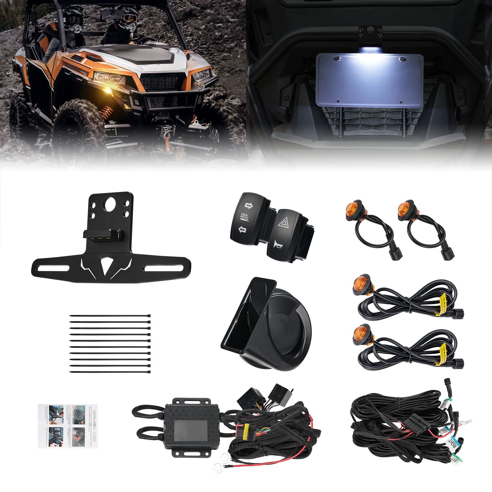 UTV Turn Signal Kit with 110D Horn and License Plate Holder with Light for Polaris, Can-Am, Teryx, CFMOTO - Kemimoto
