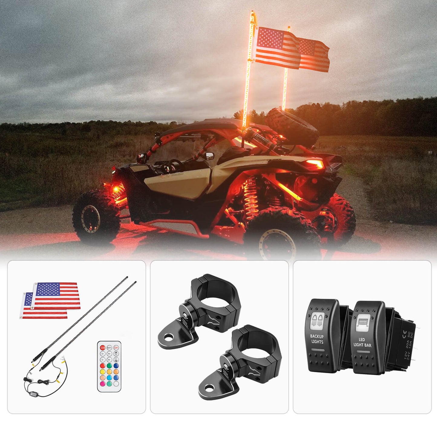 Spiral Whip Light Set, 2PCS Whip Light & Flag mount & 12V Switch On-off - Kemimoto