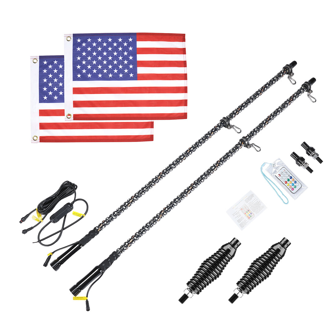 4FT Spiral Whip Light with RF Remote Control, 366 colors, 2 pcs - Kemimoto
