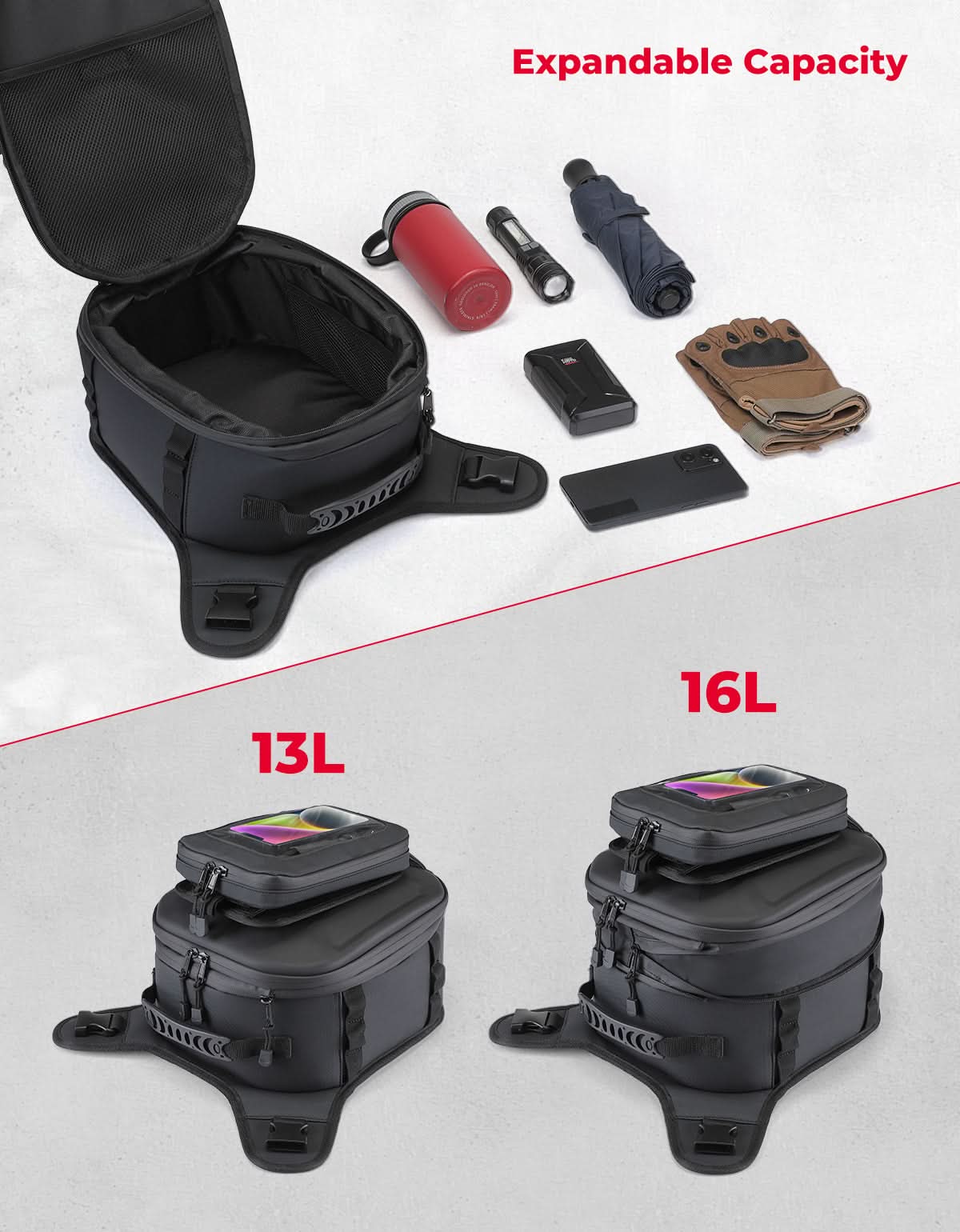 Motorcycle Tank Bag 13-16L Waterproof Hard Shell with Phone Holder - Kemimoto