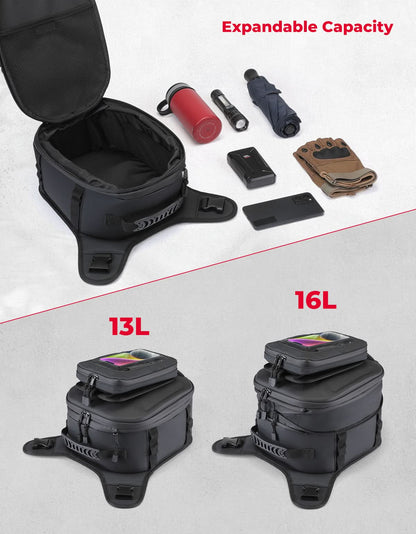 Motorcycle Tank Bag 13-16L Waterproof Hard Shell with Phone Holder - Kemimoto
