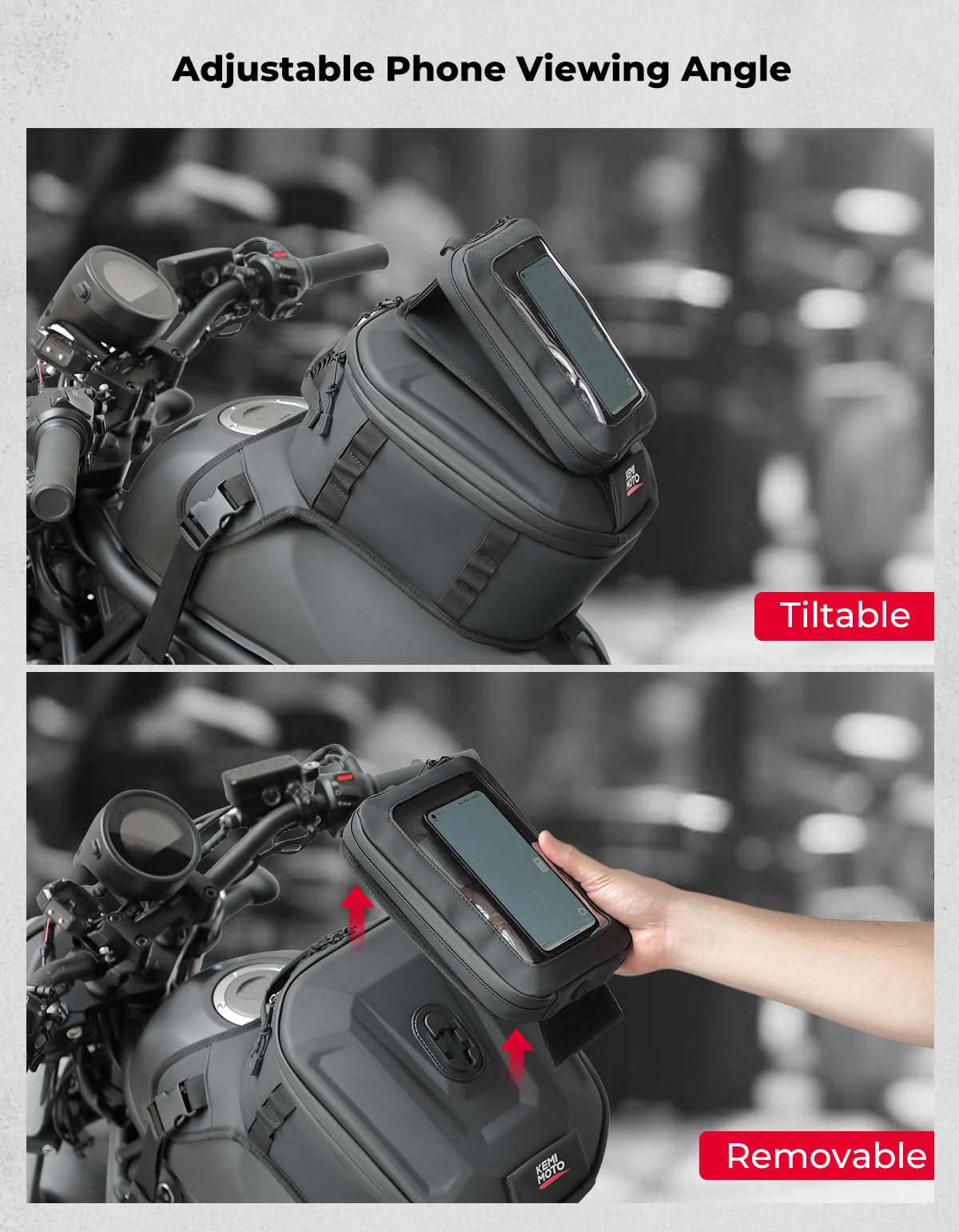 Motorcycle Tank Bag 13-16L Waterproof Hard Shell with Phone Holder - Kemimoto