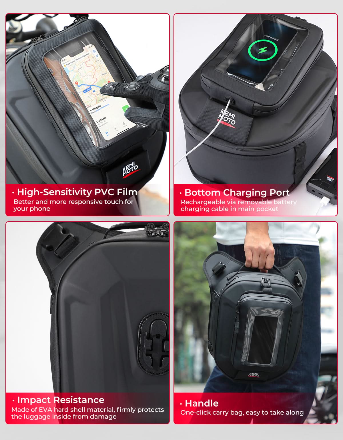 Motorcycle Tank Bag 13-16L Waterproof Hard Shell with Phone Holder - Kemimoto