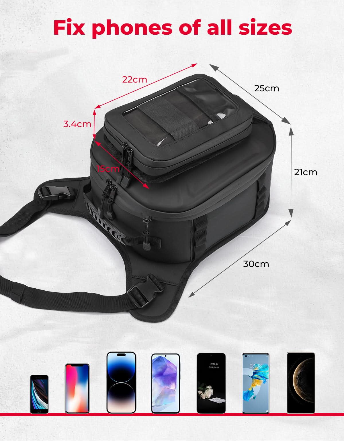 Motorcycle Tank Bag 13-16L Waterproof Hard Shell with Phone Holder - Kemimoto