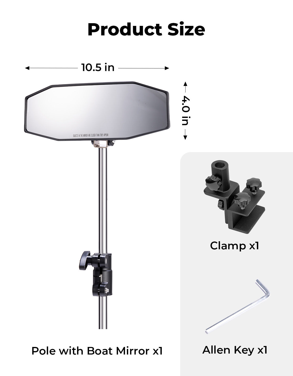 "10.5" x 4" Adjustable Marine Rearview Mirror with Telescoping Pole for Pontoon & Ski Boats - Kemimoto