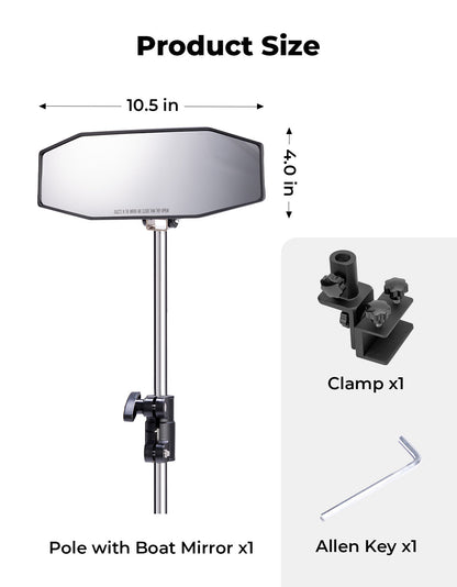 "10.5" x 4" Adjustable Marine Rearview Mirror with Telescoping Pole for Pontoon & Ski Boats - Kemimoto