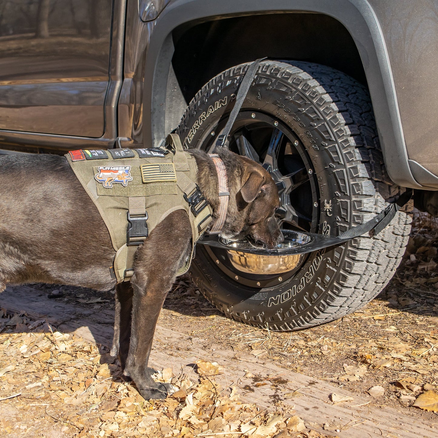 DRT BONZ Tire Mounted Dog Bowl Holder