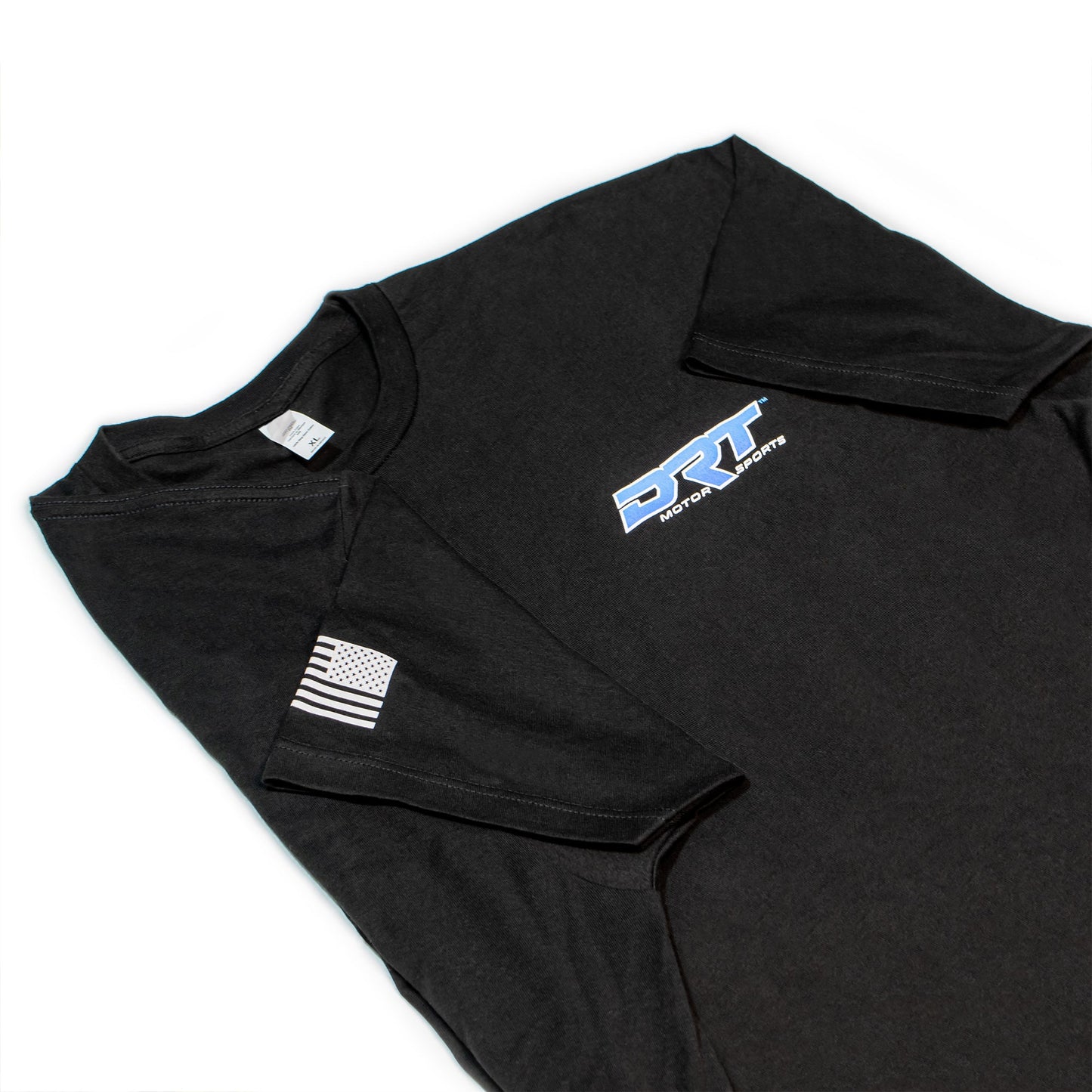 Front view of a motorsports tee laid flat in black