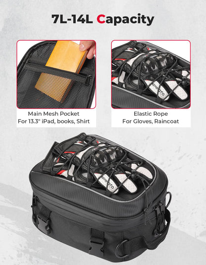 Motorcycle Tail Bag, 7-14L Expandable Motorbike Helmet Bag - Kemimoto