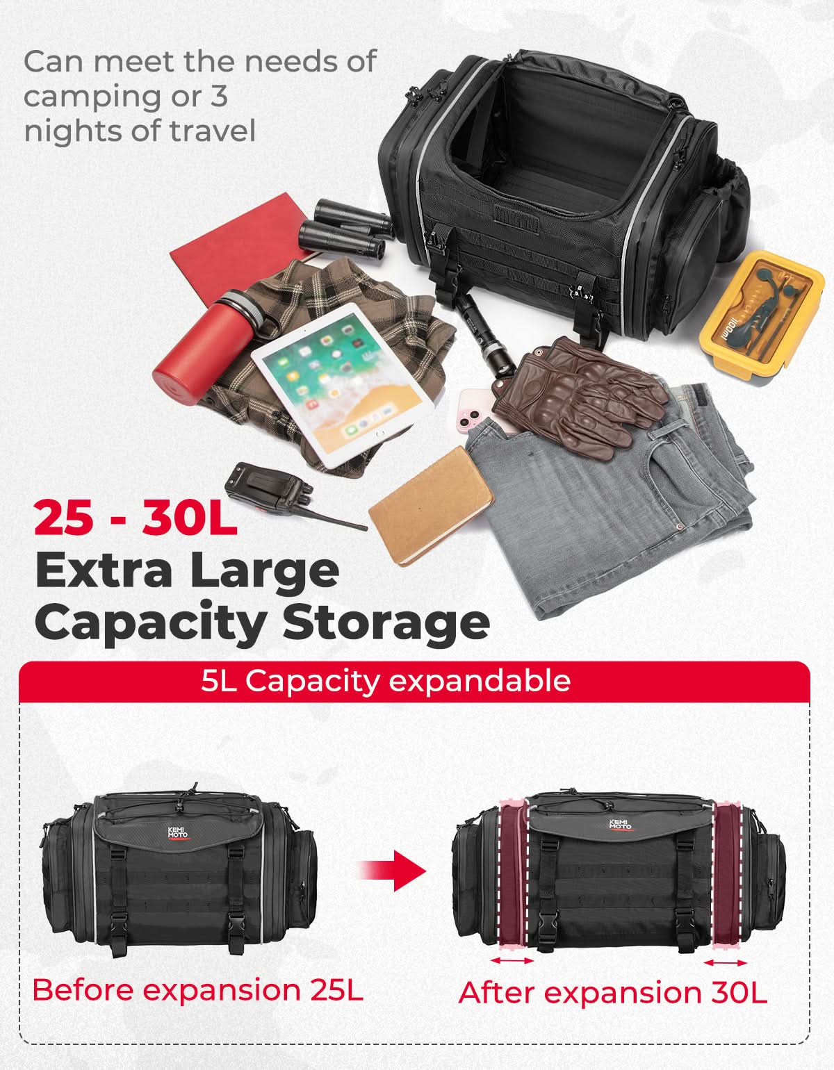 Motorcycle Travel Luggage Bags, 23L-30L Expandable Tail Bag - Kemimoto