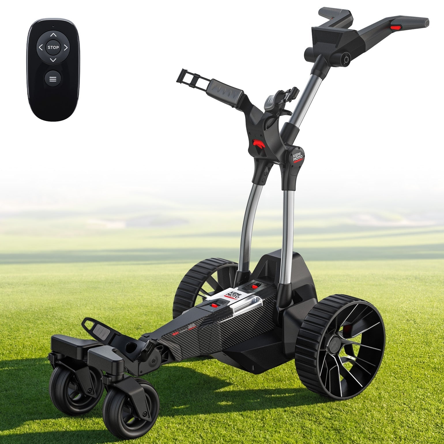 Kemimoto Golf trolley with remote control on a grassy background