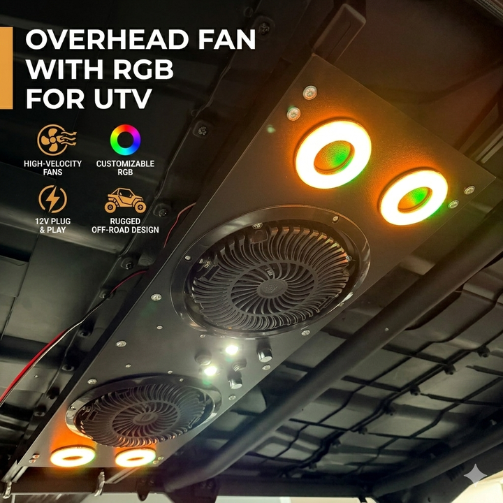Overhead Fan with RGB for UTV with 57-42 Inch Roof Width for Polaris Ranger, RZR, Can-Am Defender, CFMOTO Uforce - Kemimoto