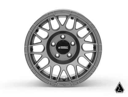 Sticky XT Warrior Tires 35x10x15 on 15x10 Assault Industries Hellfire Matte Titanium Wheels 5/4.5 Pattern