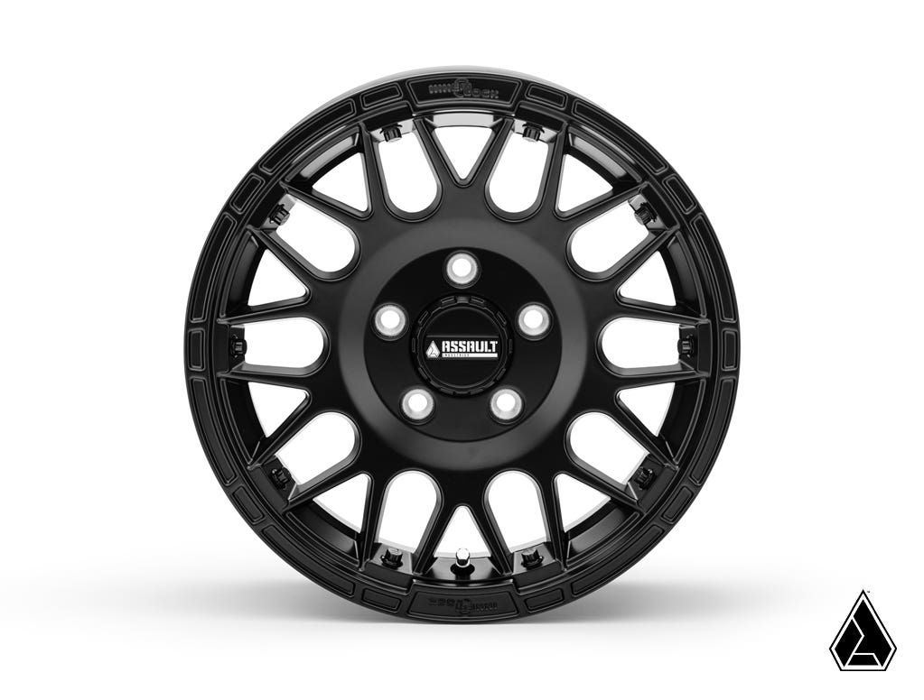 Sticky XT Warrior Tires 35x10x15 on 15x7 Assault Industries Hellfire Satin Black Wheels 5/4.5 Pattern