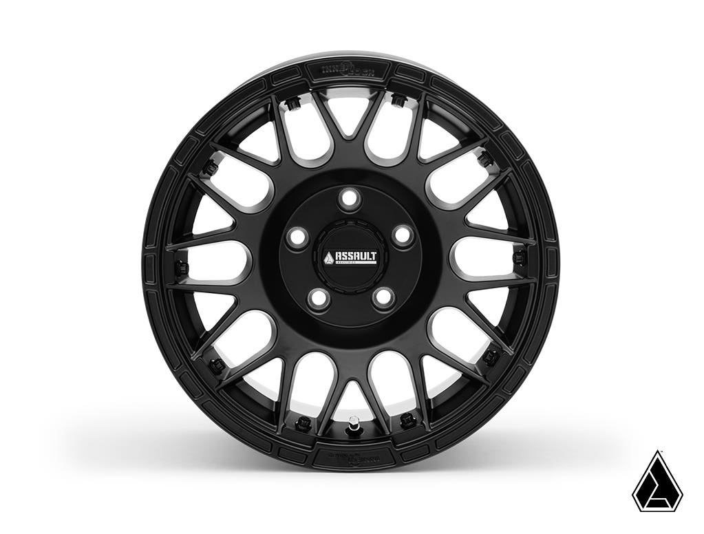 Sticky XT Warrior Tires 35x10x15 on 15x10 Assault Industries Hellfire Satin Black Wheels 5/4.5 Pattern