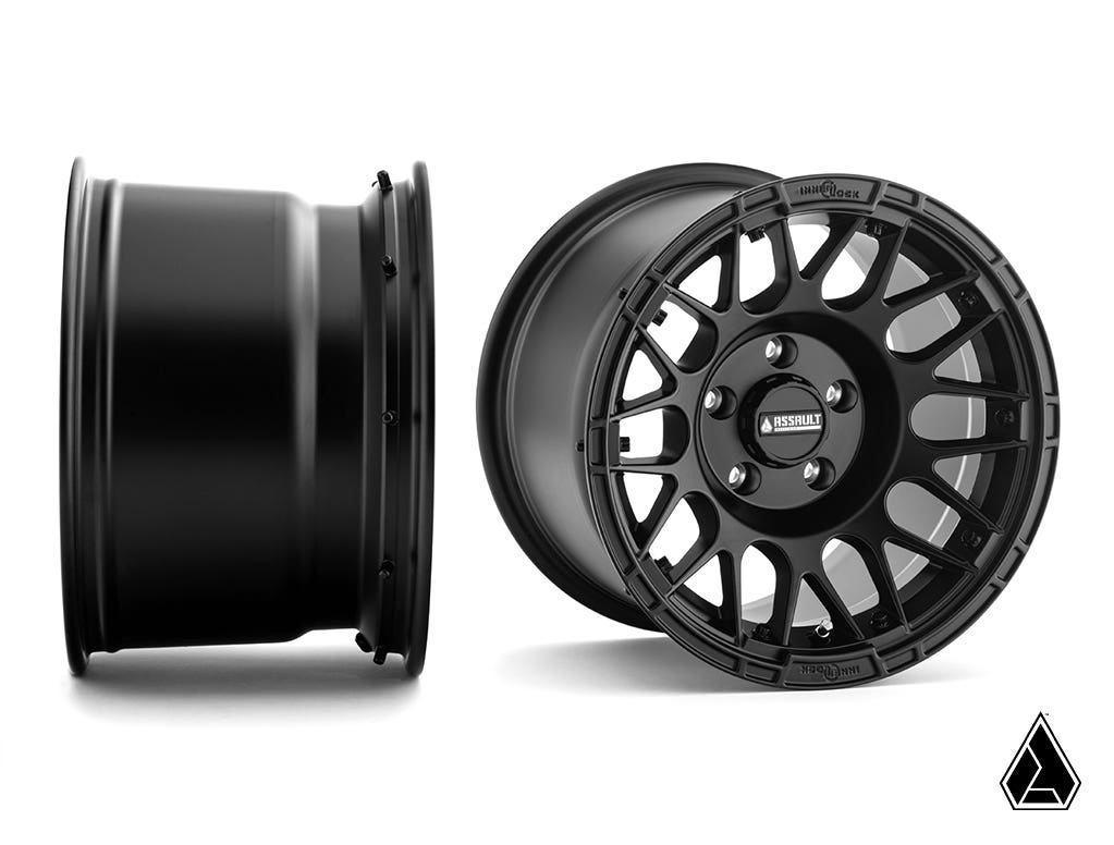 Sticky XT Warrior Tires 35x10x15 on 15x10 Assault Industries Hellfire Satin Black Wheels 5/4.5 Pattern