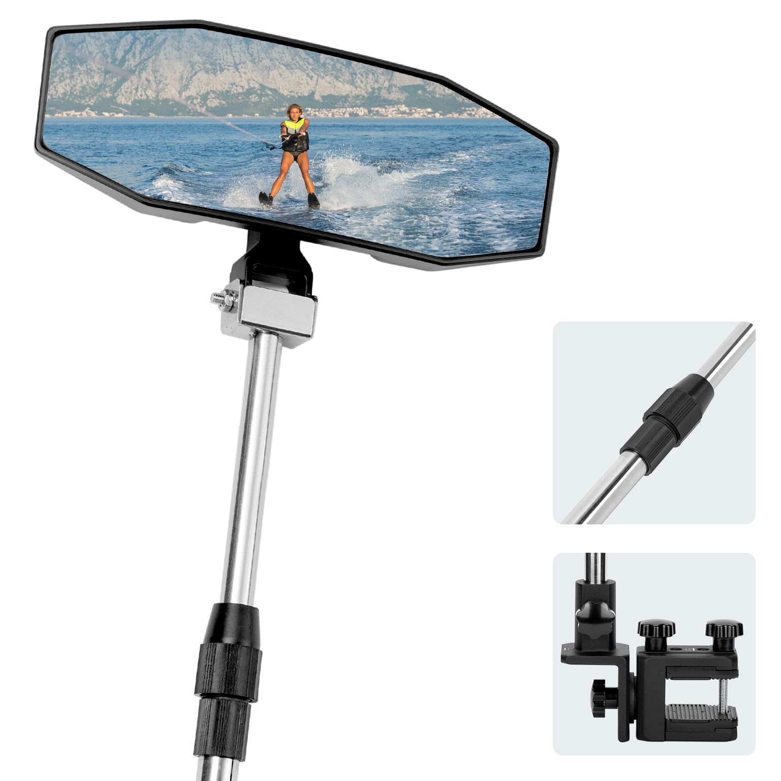 360Â° Adjustable Boat Rear Mirror with Telescoping Pole 4.5"x8" - Kemimoto