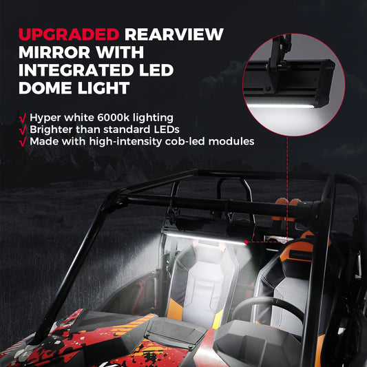 15" UTV Rear View Center Mirror w/Interior Light for 1.65"-2" Roll Cage
