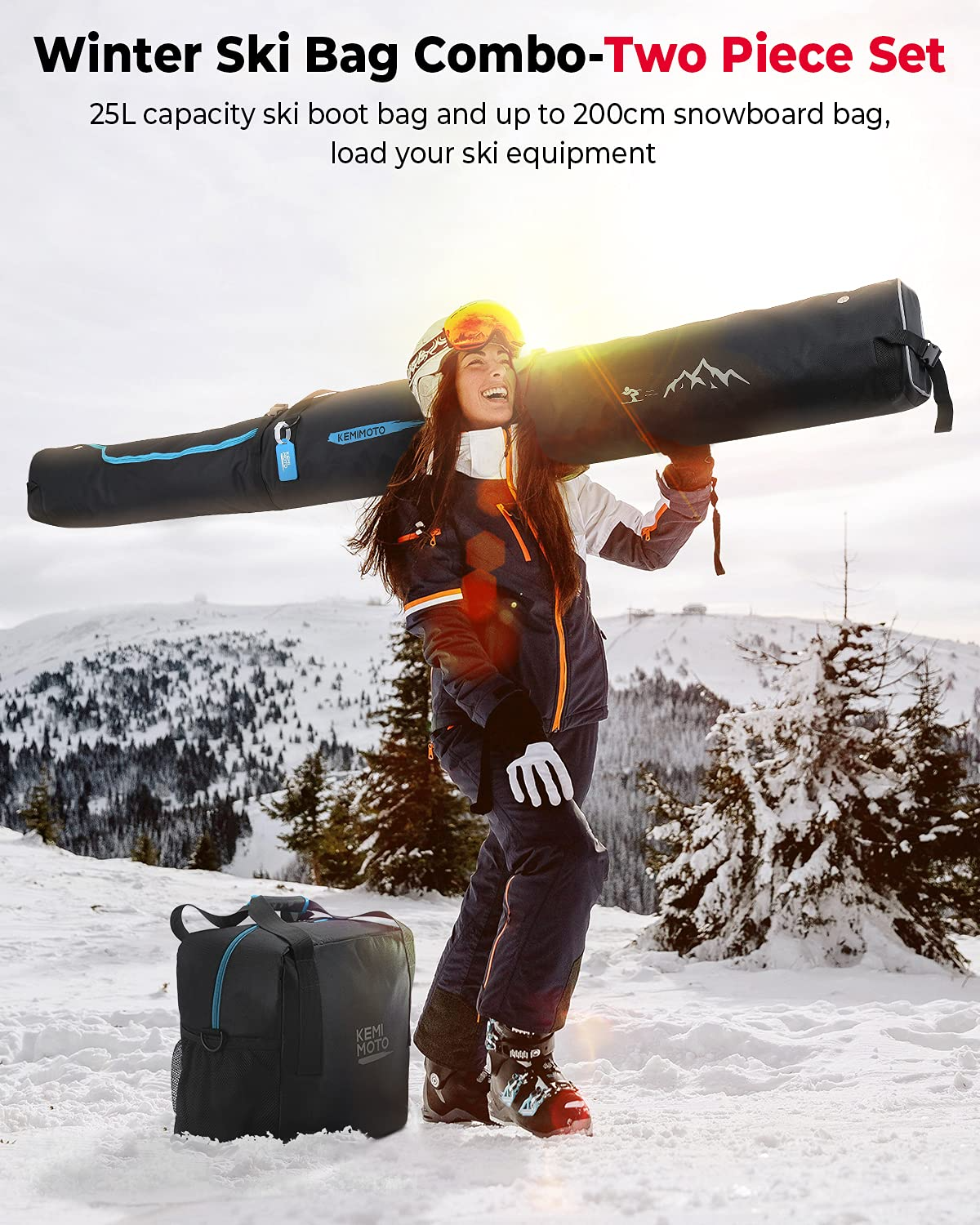 Ski Bag and Boot Bag Combo for Air Travel, Fit Skis Up to 200cm - Kemimoto