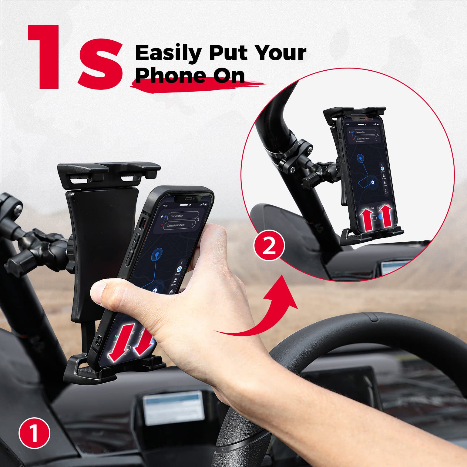 Universal Phone Holder 360Â°Adjustable with Button Lock For 0.6-1.25"/1.5-1.75" Roll Bar - Kemimoto