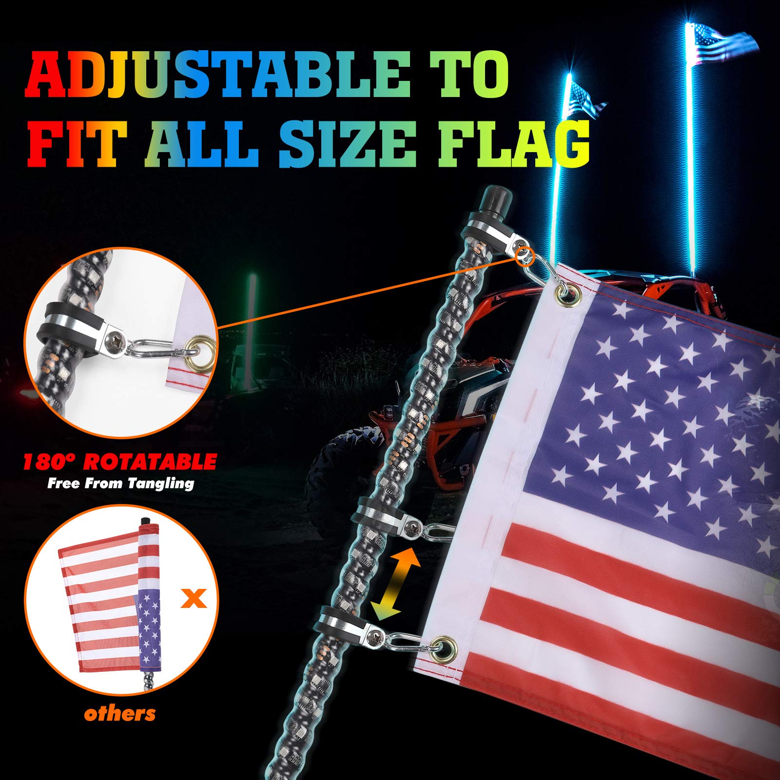 4FT Spiral Whip Light with RF Remote Control, 366 colors, 2 pcs - Kemimoto