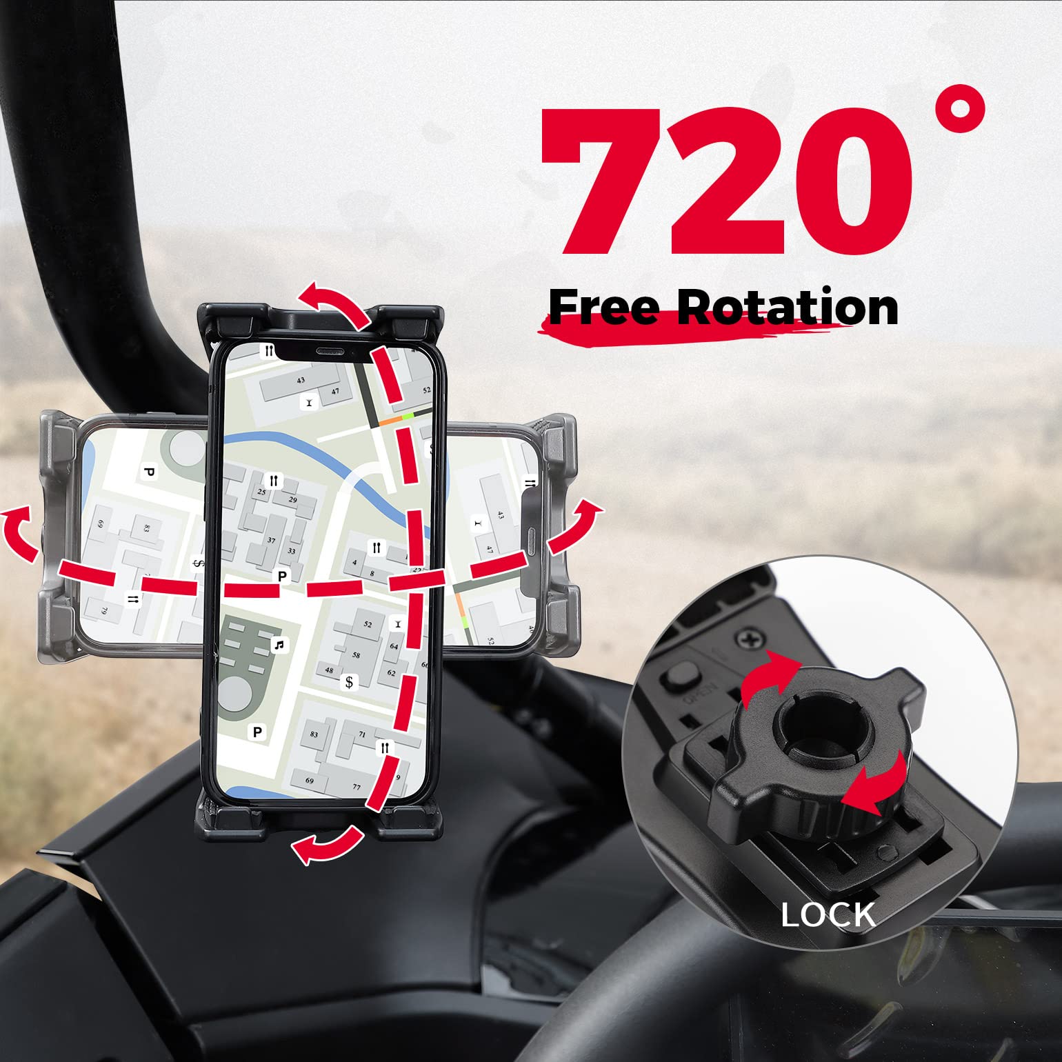 Universal Phone Holder 360Â°Adjustable with Button Lock For 0.6-1.25"/1.5-1.75" Roll Bar - Kemimoto