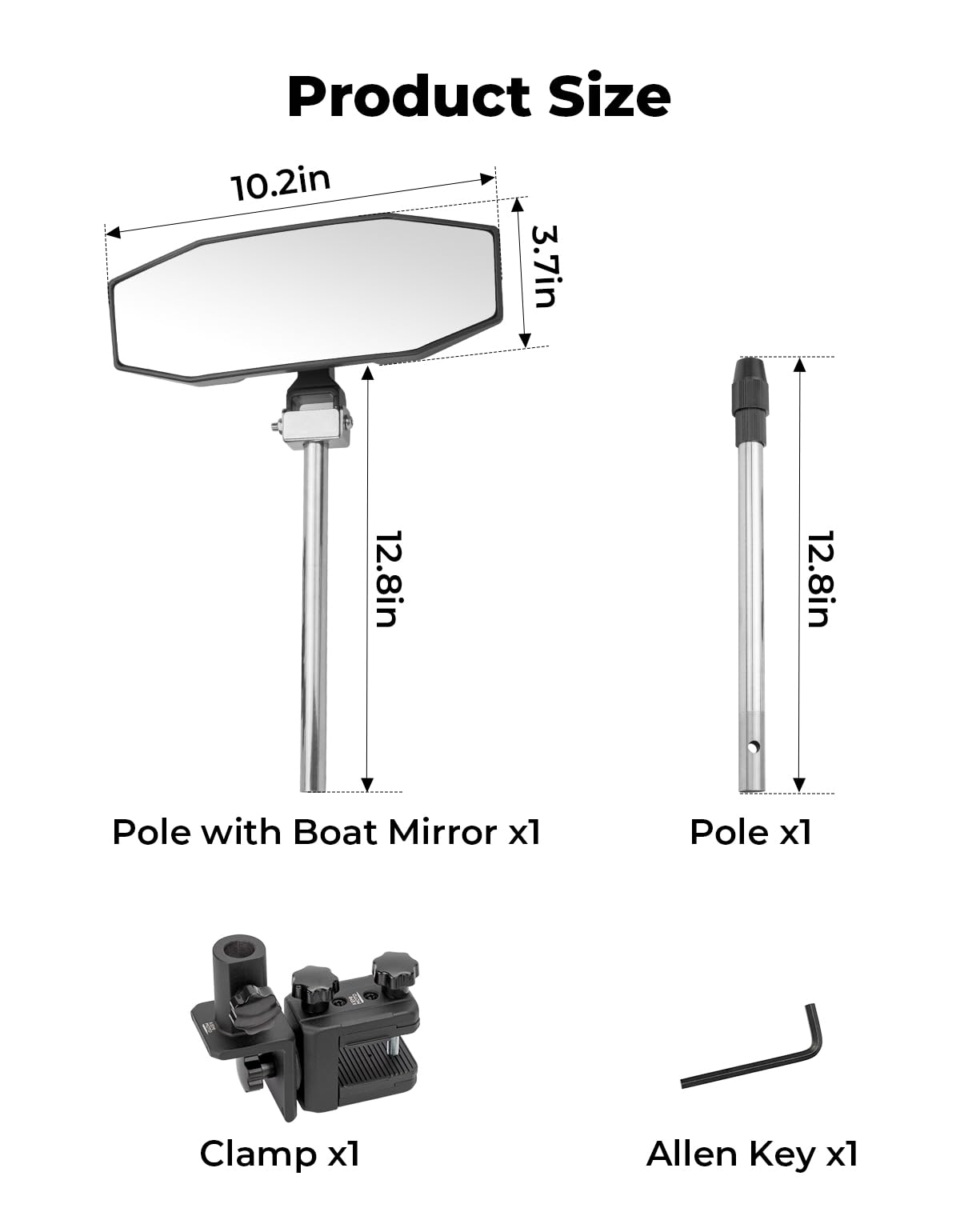 360Â° Adjustable Boat Rear Mirror with Telescoping Pole 4.5"x8" - Kemimoto