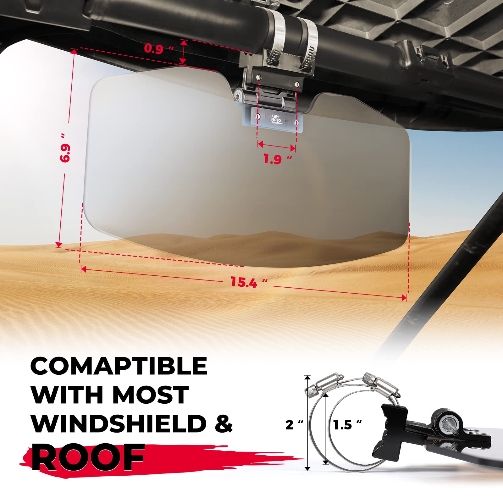 UTV Sun Visor Mirror for 1.5â€?2â€?Roll Bars - Kemimoto